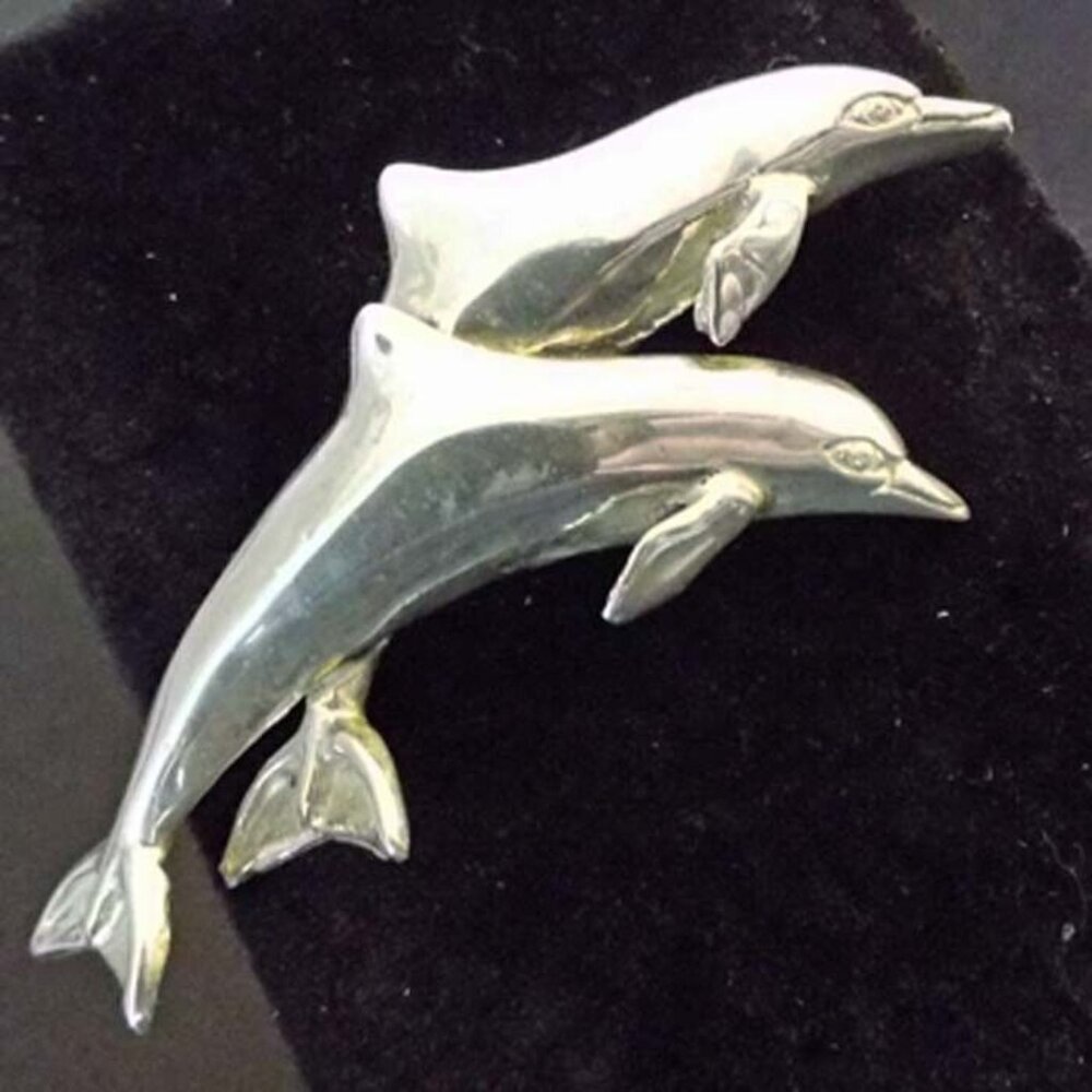 Mexico Taxco Sterling 2 Dolphins Porpoising *Cresting The Waves* Brooch 72